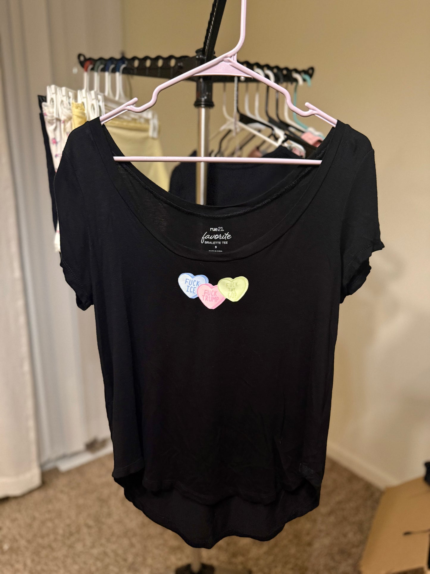 Candy Hearts Over the Shoulder T-Shirt - WOMENS SMALL